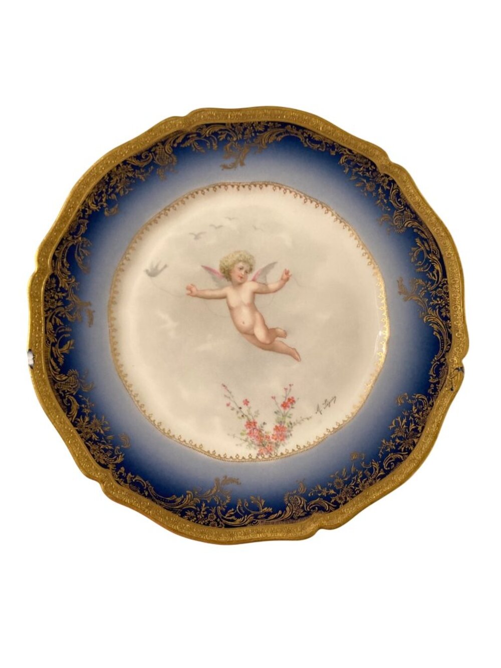 Antique Jules Etienne Paris Cobalt Blue & Gold Cherub Porcelain Plate Whimsigoth